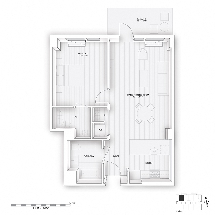 Floor plan for 1 bed, 1 bath, 685 sqft
